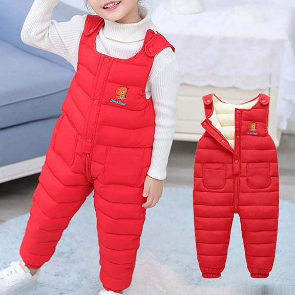 BLTIBY Baby Toddler Snow Bib Overalls Girls Boys Winter Fleece Thicked Warm Sleeceless Pants Fashion Skiing Bibs Romper with Pockets Red 3-4 Years