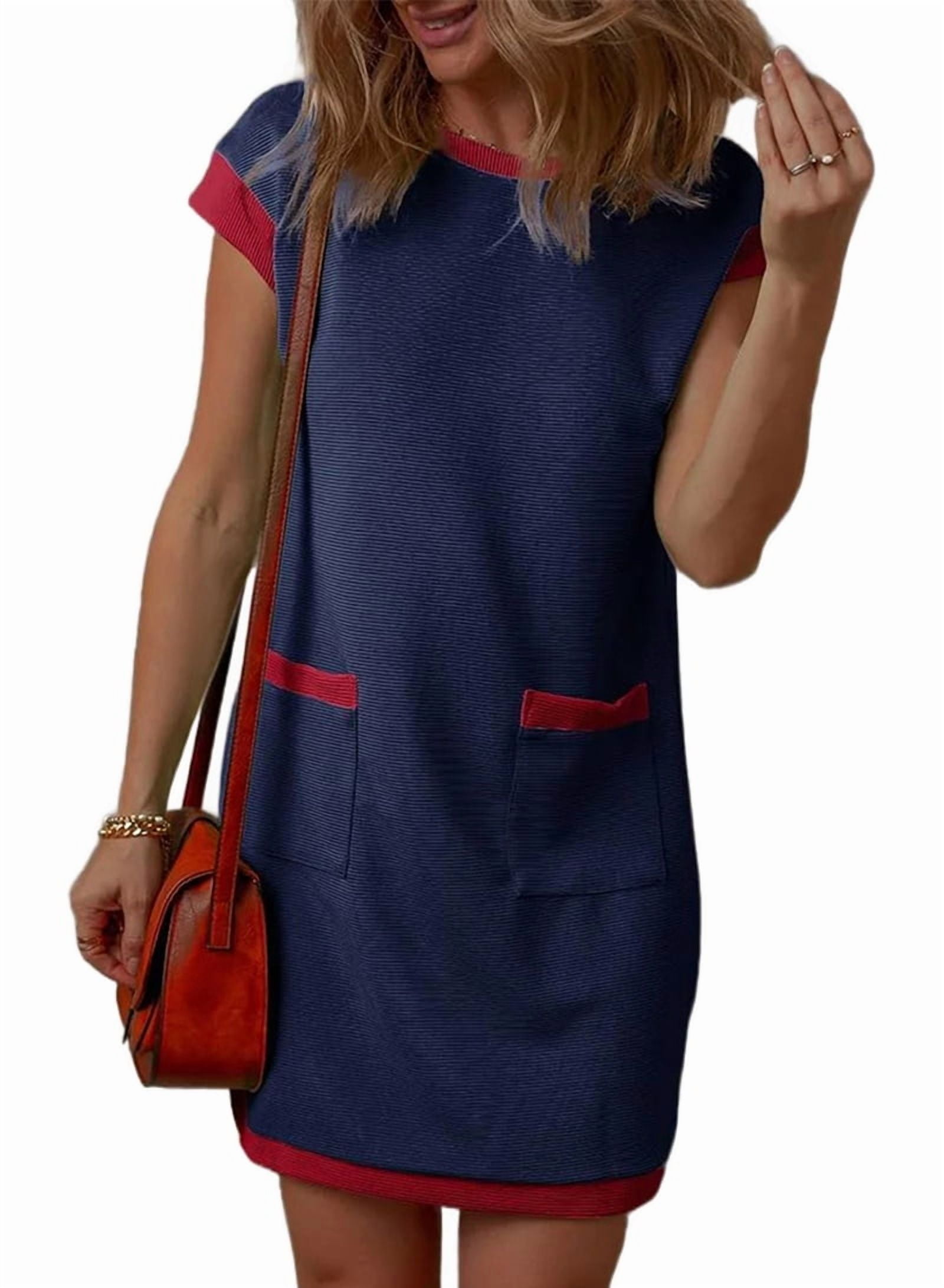 Women'S Casual Summer Dresses Fashion Cap Sleeve Color Block Crewneck Shift Tshirt Mini Dress Blue M