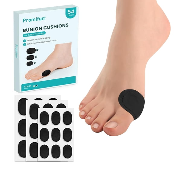 Promifun Bunion Pain Relief Pads Moleskin Protect Feet Self-Stick Cushion 54 Count,Multi-Size,Black
