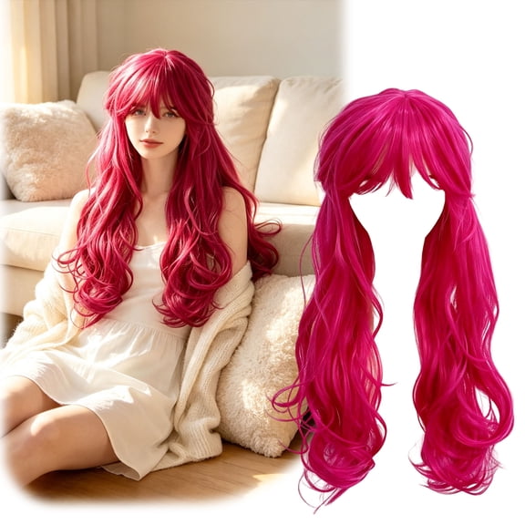 Long Pink Wavy Wig with Bangs and Ponytails Wonderland Pink Wig for Anime Cosplay Halloween Costume Role Play Party Hair Accessory