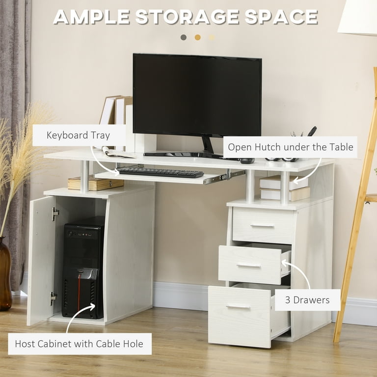 HOMCOM 47 Computer Desk with Keyboard Tray and Storage Drawers Home Office Workstation Table with Storage Shelves White