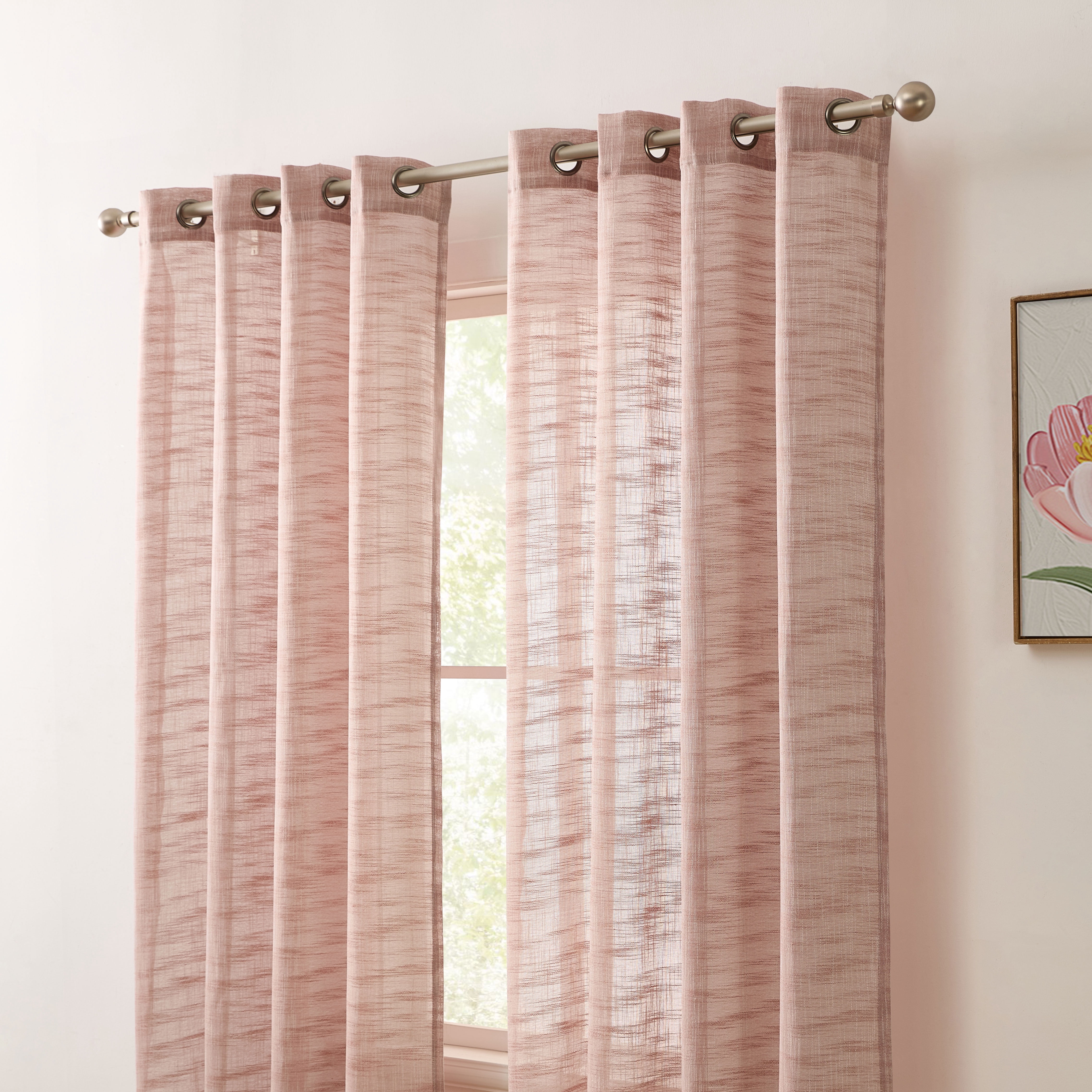 THD Harley Faux Linen Textured Semi Sheer Sun Light Filtering Window Grommet Curtain Panels, Set of 2 Panels