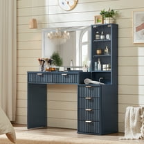 Fluted Lighted Makeup Vanity Table, Blue Dressing Desk with Charging Station for Living Room