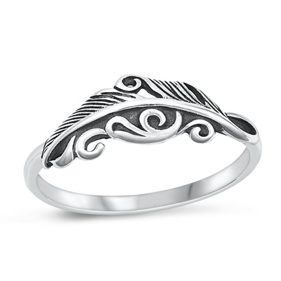 Unique Oxidized Feather Ring .925 Sterling Silver Band Jewelry Female Male Unisex Size 8