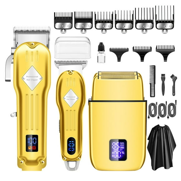 yeacher 3-in-1 Men's Grooming Kit with LCD Display, Electric Hair Clipper, Trimmer, Shaver, 9 Guide Combs, Cleaning Brushes, USB Cables, Comb, Cape & Lubricant - Gold Edition