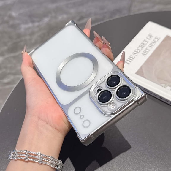 For iPhone 15 Phone Case,Built-in Camera Lens Protector,Compatible with Mag-Safe,Electroplated Bumper Design,Matte Translucent Back,Soft TPU Shockproof Anti-fall Phone Case,Silver