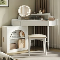 AENKYO Corner Makeup Vanity Desk with 360°Swivel LED Lighted Mirror, Movable Side Cabinet, Storage Drawers & Stool, White