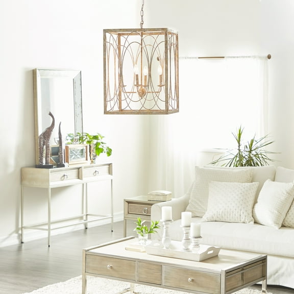 Decmode - Rustic 25 x 18 inch cuboid gold iron chandelier
