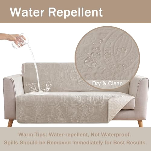 Beige Quilted Loveseat Slipcover for 2-Cushion Sofa, Water-Resistant and Machine Washable Pet-Friendly Couch Cover, Furniture Protector for Living Room (48 Inch)