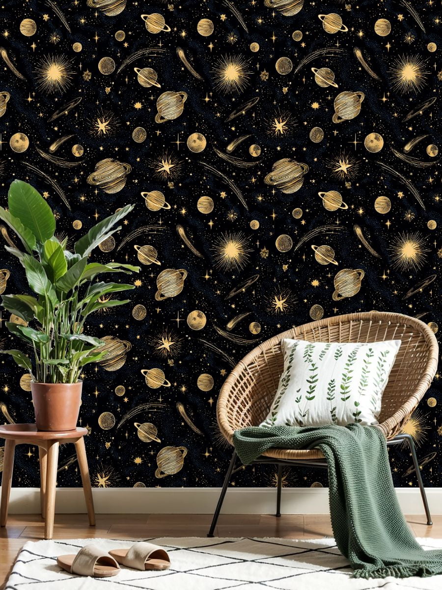 Peel and Stick Wallpaper Celestial Space Gold Stars Planets Cosmic Elements Black Wall Mural 23.6in x 9.8ft Self Adhesive Removable Wall Paper Renter Friendly Wallpaper for Nursery Bedroom Cabinets
