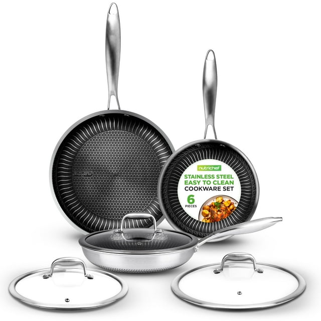NutriChef Juego de sartenes de acero inoxidable de tres capas de 6 piezas – Sartenes antiadherentes de 8", 10", 12" con tapas, compatibles con inducción, aptas para horno, resistentes a rayones, aptas