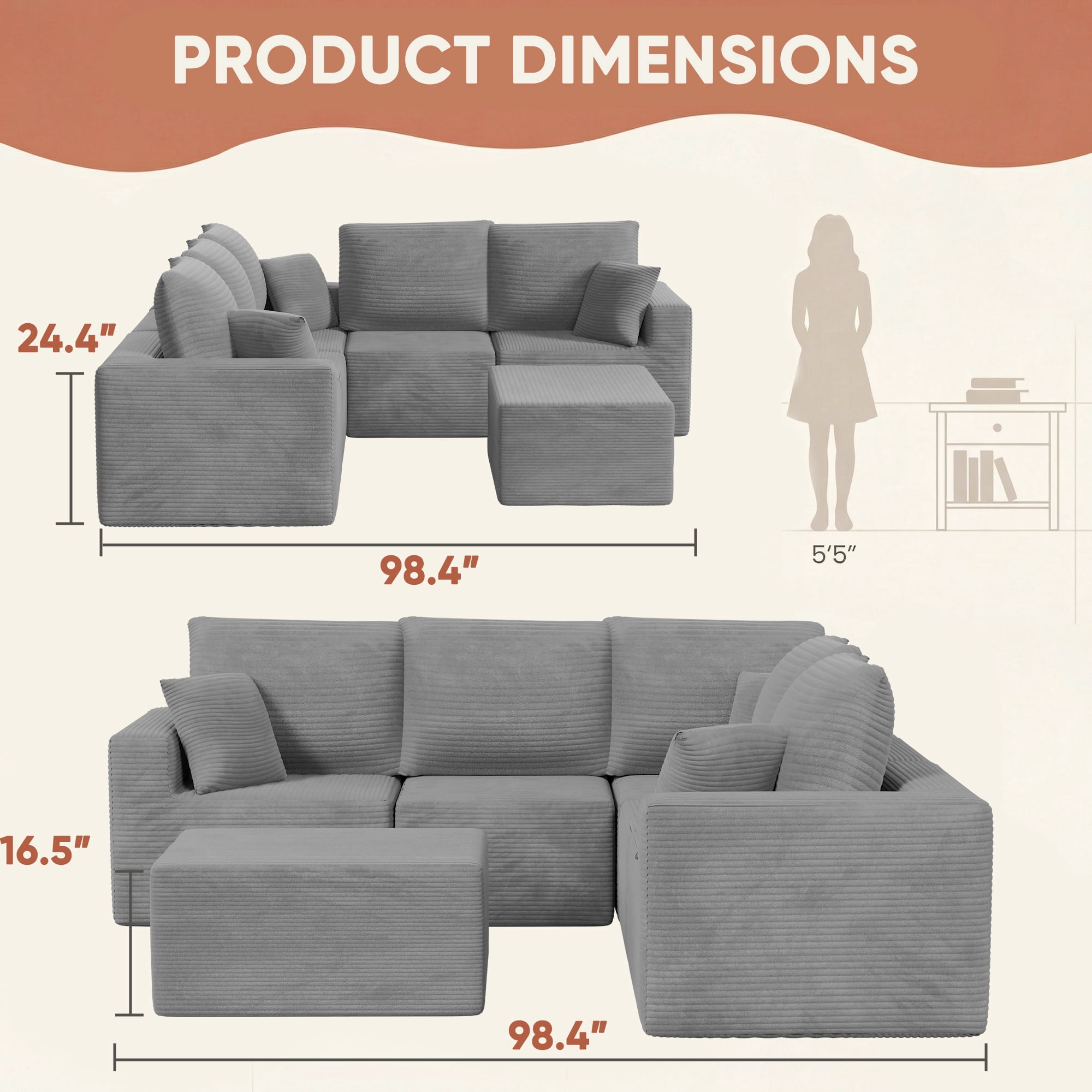 Homall Modular Corduroy Sofa, Sectional Couch with Convertible Modules, Modern Minimalist Sofa Set for Living Room, Freely Combinable Sofa Furniture, Grey