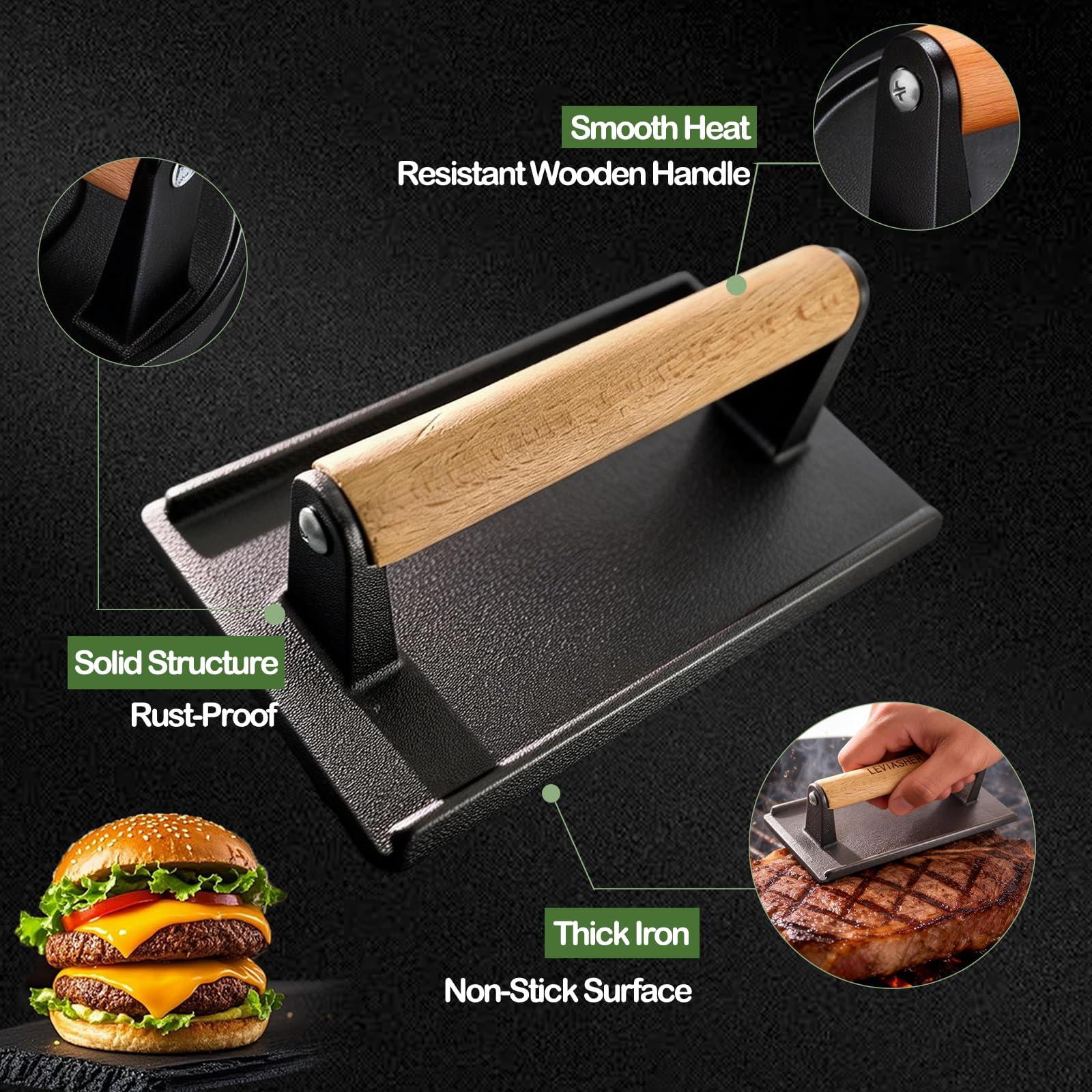 2.2 Lb Handheld Heavy Duty Cast Iron Grill Press  7.8x3.9 Inch Rectangle Burger With Wood Handle For Blackstone Griddle Chef Camp Panini Vegetable Bacon Sandwich Bbq 2 Pack
