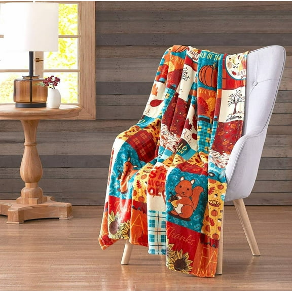 Serafina Home Farmhouse Fall Throw Blanket: Colorful Modern Patchwork Design Including Leaves Fox Pumpkins Sunflowers Birds Squirrels and Plaid Prints