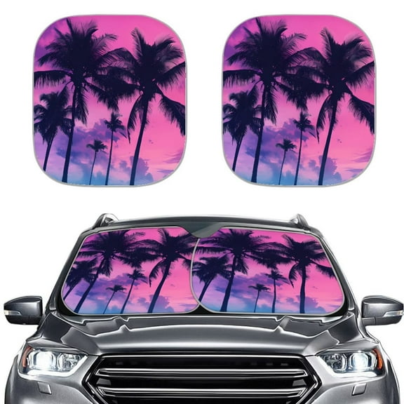 KUIFORTI Beach Windshield Sun Shade 2-Piece Foldable Car Front Window Sunshade for SUV Sedans Truck - Auto Sun Blocker Visor Protector Blocks Max UV Rays, Plam Tree