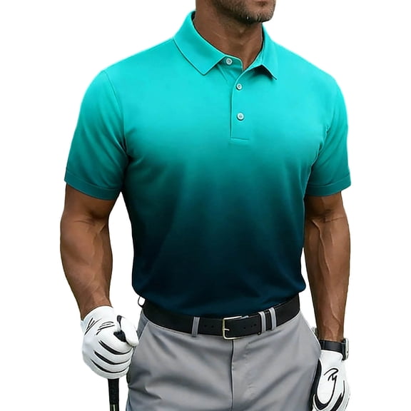 Mens Business Casual Golf Shirt Short Sleeve Gradient Color Block Collared Performance Athletic Top Quick Dry 4 Way Stretch Classic Fit Summer Workout for Tennis & Office, Big & Tall