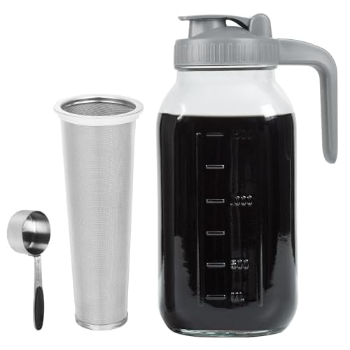 Xylanor Jarra para cafetera de cerveza fría, 64 onzas de vidrio resistente de boca ancha, tarro de masón con boquilla para verter tapa hermética con filtro infusor de acero inoxidable para café helado