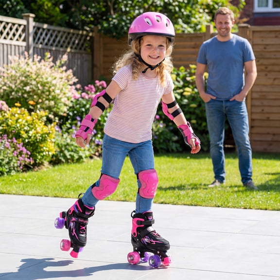 Kids Adjustable Quad Roller Skates with Light-up Wheels, Abec-7 Bearings, Brake System, Pink