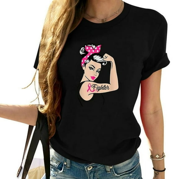 Womens Fighter Rosie The Riveter Breast Cancer Awareness T-Shirt Black