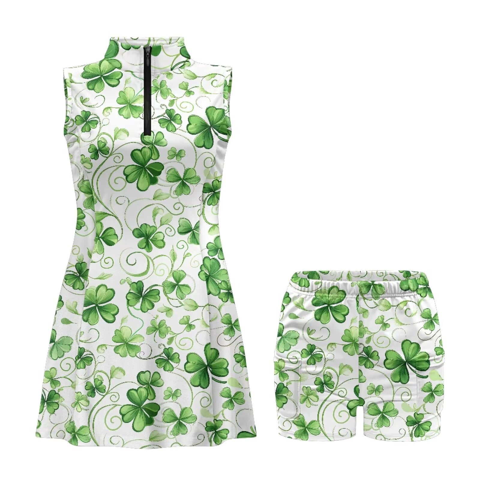 Uorisanigo Classic Four-Leaf Golf Clothing Set for Women 2 Piece Sets Soft Zipper Neck Womens Sleeveless Golf Tennis Dresses Fashion Relaxed Athletic Workout Dress