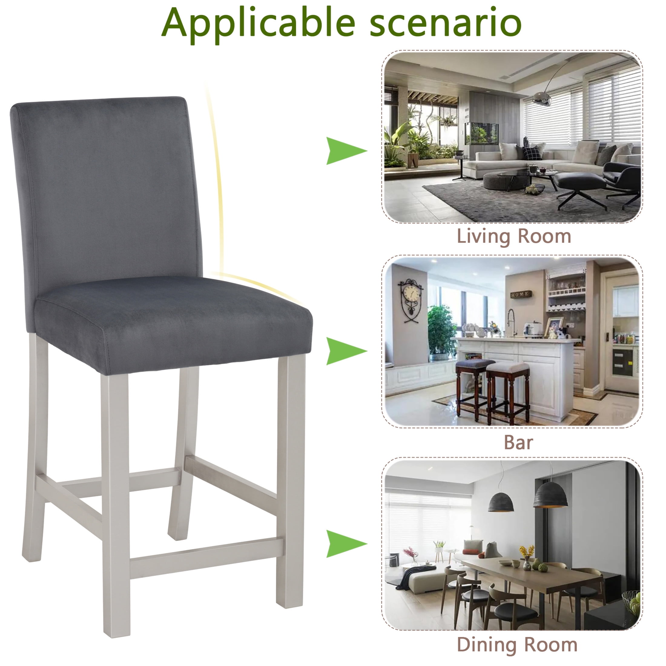 Noble House Counter Height Chairs Set of 4, Upholstered Kitchen Bar Stools with Solid Wood Legs, Silver Gray