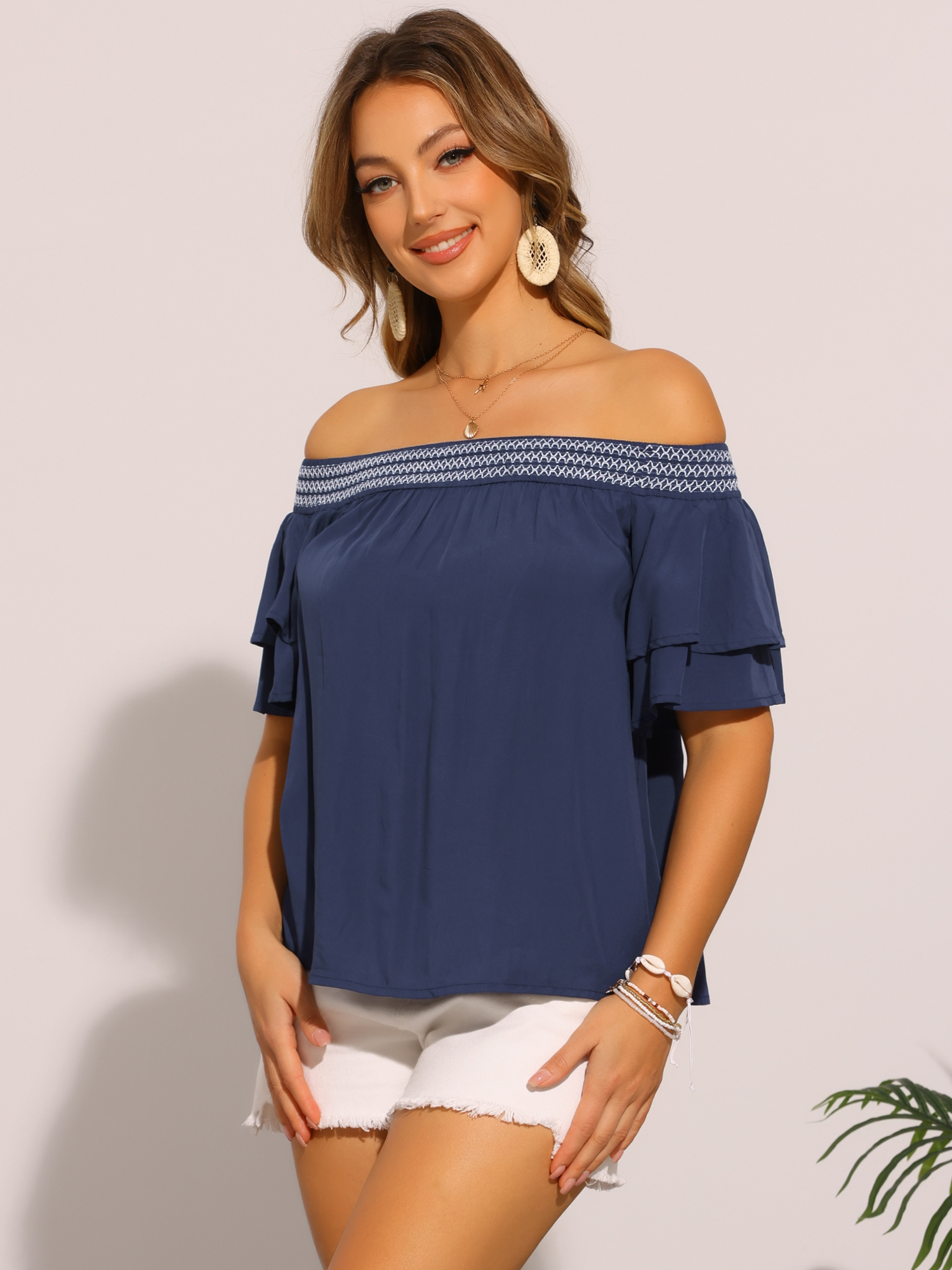 DARING DIVA Women's Ruffle Off Shoulder Short Sleeve Smocked Boho Blouse XS Dark Blue