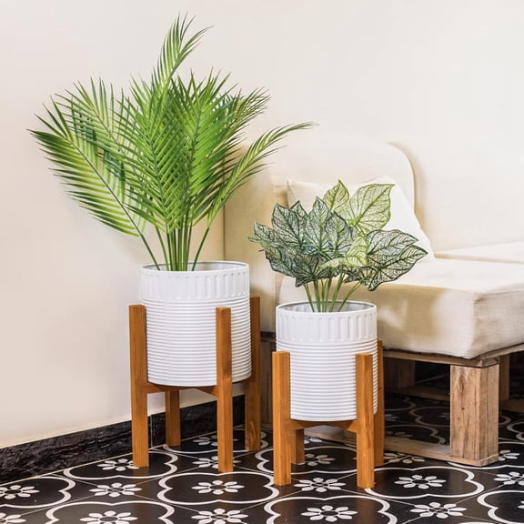 2-Piece White Metal Planter Set with Wood Stand, Indoor Mid Century Modern Planters with Drainage, 8" & 10"