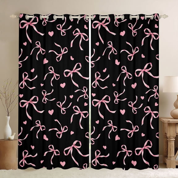 Manfei Pink Bows Love Hearts Black Print Black Out Curtains for Girls, Cute Ribbon Bows Curtains Pack of 2 (42x63 Each)