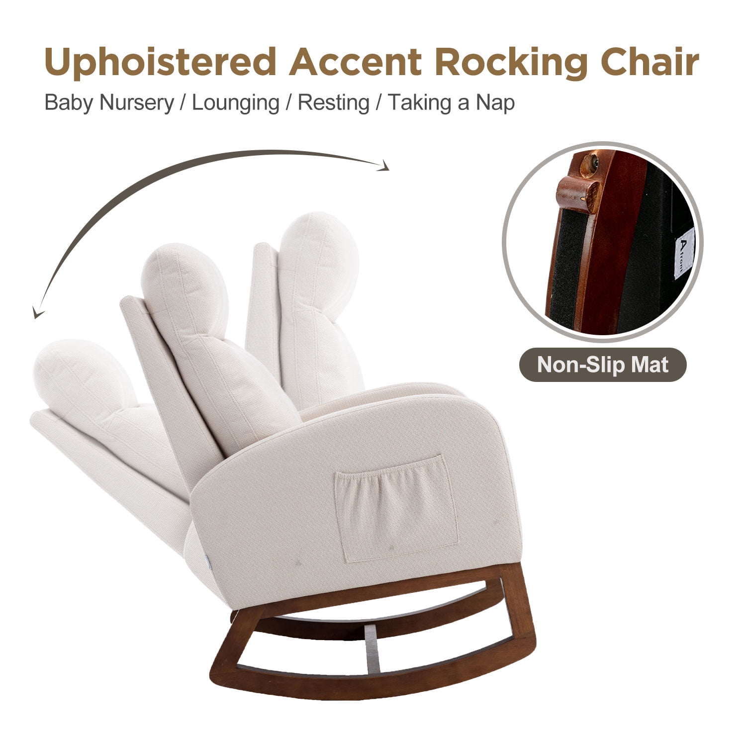 Modern Rocking Chair, Upholstered Nursery Glider Rocker Chair for Baby, Comfy Armchair with Side Pocket, Living Room Lounge Arm Chair, High Backrest with Headrest Shape Design(Light Beige)