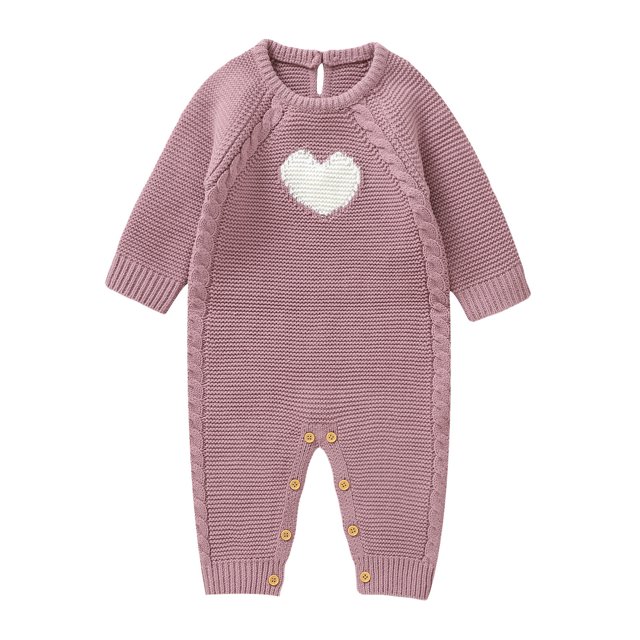 Baby Newborn Girls Rompers Summer Heart Pattern Knit Sweater Romper Long Sleeve Jumpsuit Pink Soft New Born Clothes 9-12M