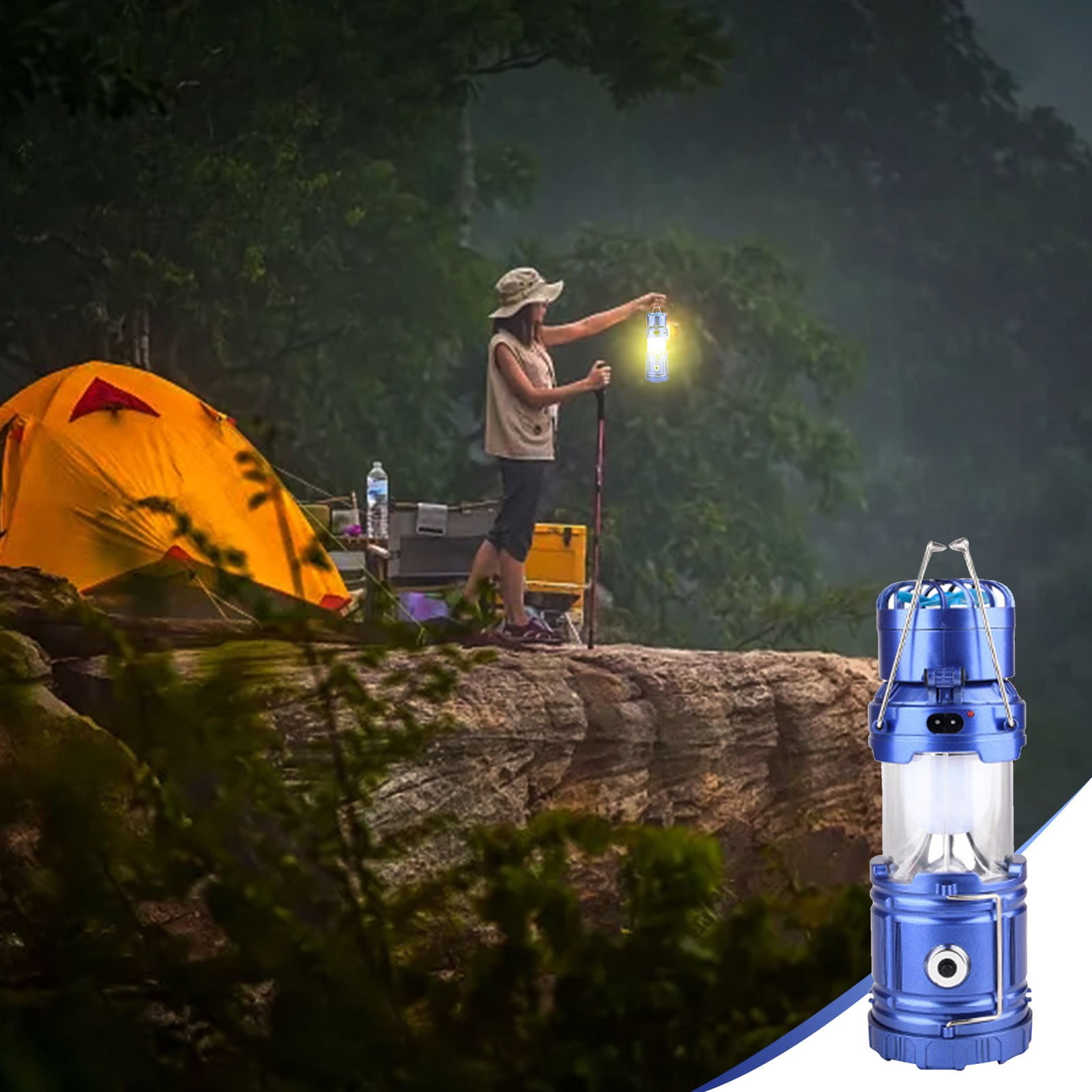 Solar Camping Fan w/ Lantern, Collapsible Solar Powered USB