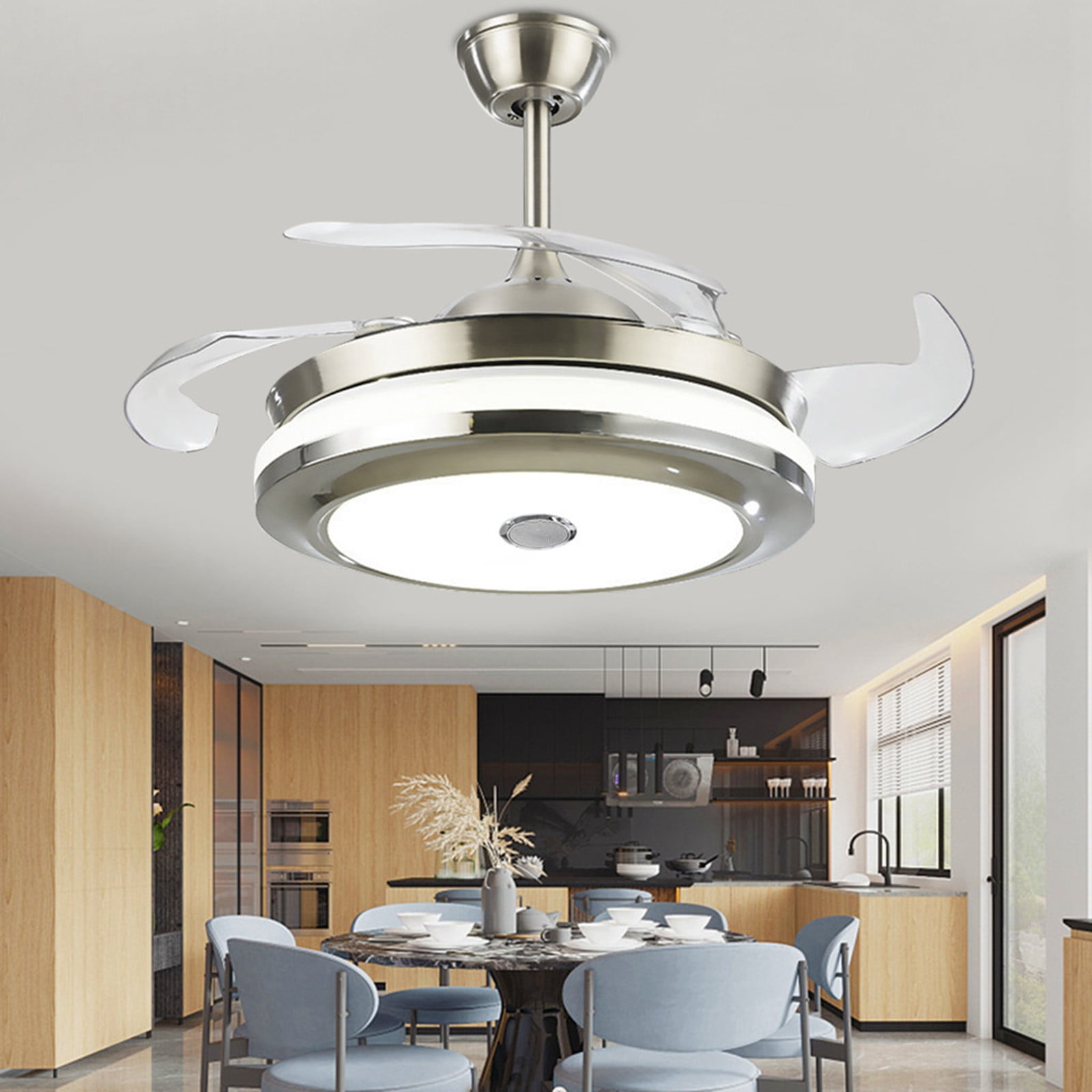 42"Reversible Ceiling Fan Lamp 5 Stainless Steel Blade LED Fan Chandelier Remote 