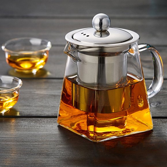 Glass Teapot with Stainless Steel Infuser & Lid, Borosilicate Glass Tea Kettle Stovetop Safe, Blooming & Loose Leaf Teapot,Glass Square Pot (350ML/12oz)