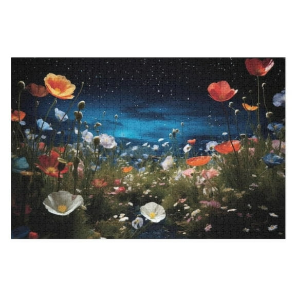 Puzzles for Adults 300 Pieces - Field Flowers Night Wooden Jigsaw Puzzle - Perfect Interlocking Clear Printing - Adults Educational Puzzle Ideal Gift