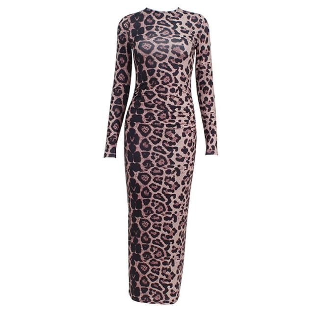 Vestido Ajustado de Larga para Mujer - Maxi Vestido Informal de Otoño para Fiesta, Club, y Ajustado Estampado de Leopardo L