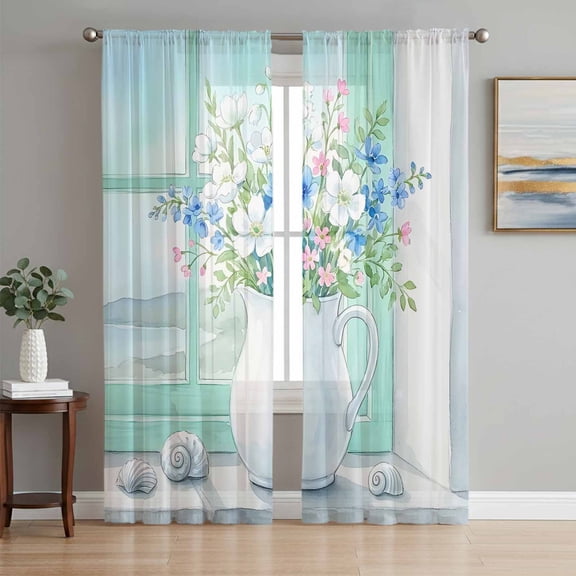 Spring Floral Sheer Curtains 96 Inch Length 2 Panels Set, Elegant Pastoral Flowers Botanical Watercolor Voile Window Treatment Semi Sheer Long Curtains for Bedroom/Living Room/Kitchen 52"x96"x2