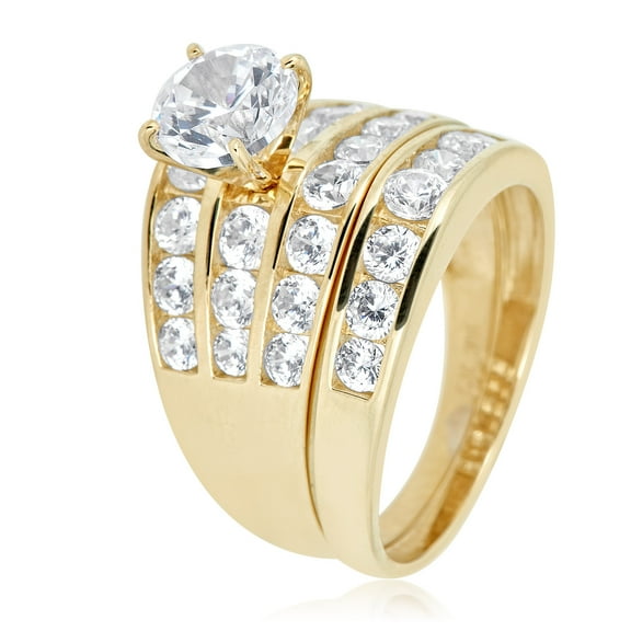 AVORA 10K Yellow Gold 1.25 Carat Simulated Diamond CZ Wide Band Anniversary Bridal Engagement Wedding Band Ring Set  - Size 7