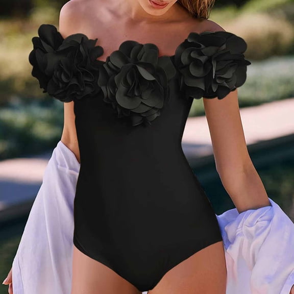 Swim Dress Women, Womens Bathing Suits, Ladies Swimsuits, One Piece Swimsuit Women, Women'S Floral Appliques Off Shoulder Bodysuit Swimwear Short Sleeve Dressy Swimdress, Black L