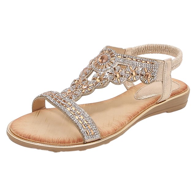 asddcavvf Ladies Summer Fashion Rhinestone Bohemian Slope Heel Hollow Solid Colour Soft Flat Bottom
