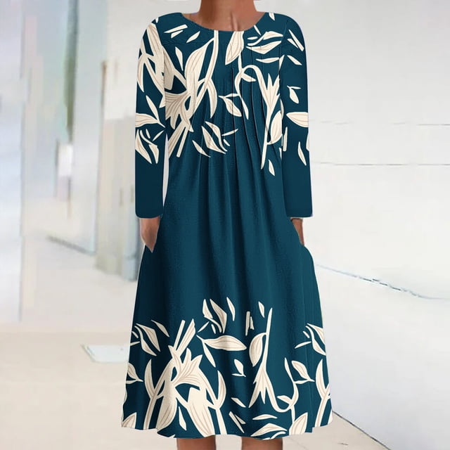 Fankiway Robes à Manches Longues en Solde Robes Décontractées à Col Rond Manches Longues Pliantes Imprimées Florales Robes pour Femmes Grande Taille en Solde