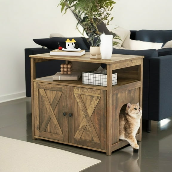 Pefilos 31.5" Cat Litter Box Enclosure, Hidden Cat Litter Box Furniture with Double Barn Doors Divider, Hidden Cat House Washroom with Storage Shelf, Brown