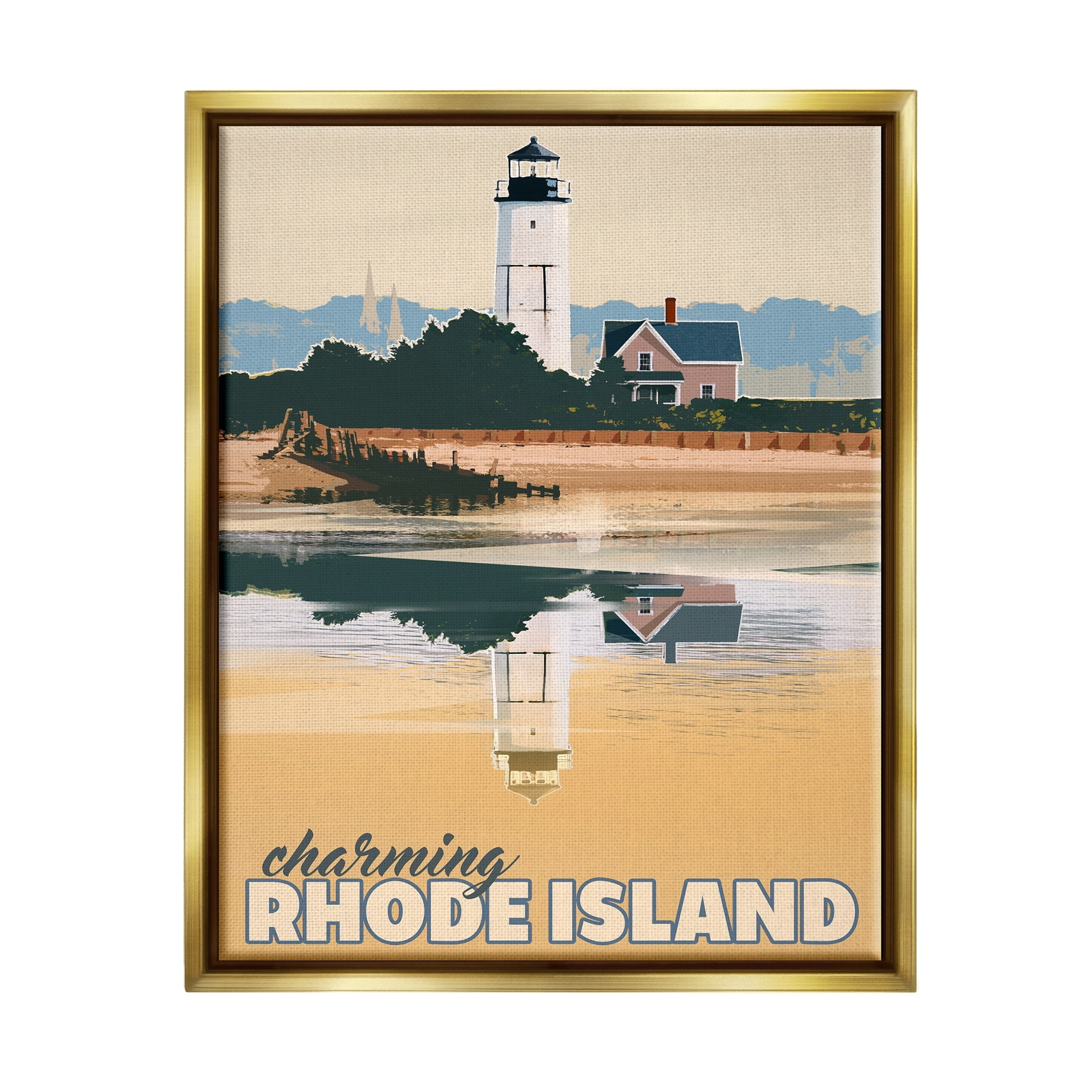 Stupell Industries Travel Charming Rhode Island Seaside Lighthouse Beacon Graphic Art Metallic Gold Floating Framed Canvas Print Wall Art, Design by David Owens Illustration