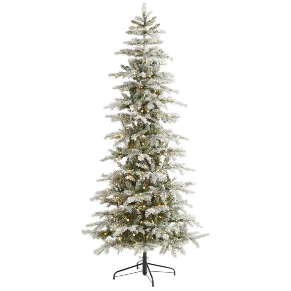 Nearly Natural 7.5ft. Slim Flocked Nova Scotia Spruce Artificial Christmas Tree with 450 Warm White LED Lights and 909 Bendable Branches