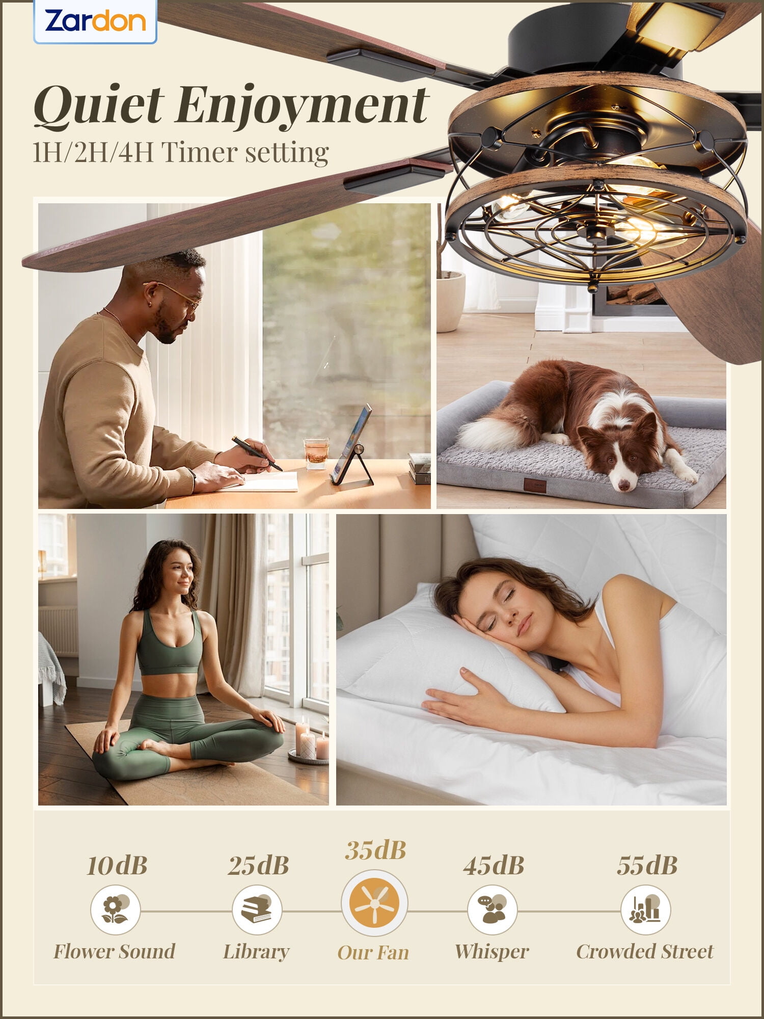 Zardon 52 Inch Farmhouse Ceiling Fan with Light and Remote Control, Quiet Reversible DC Motor, Closed Cage-like Shade, Dual-Finish Blades for Indoor