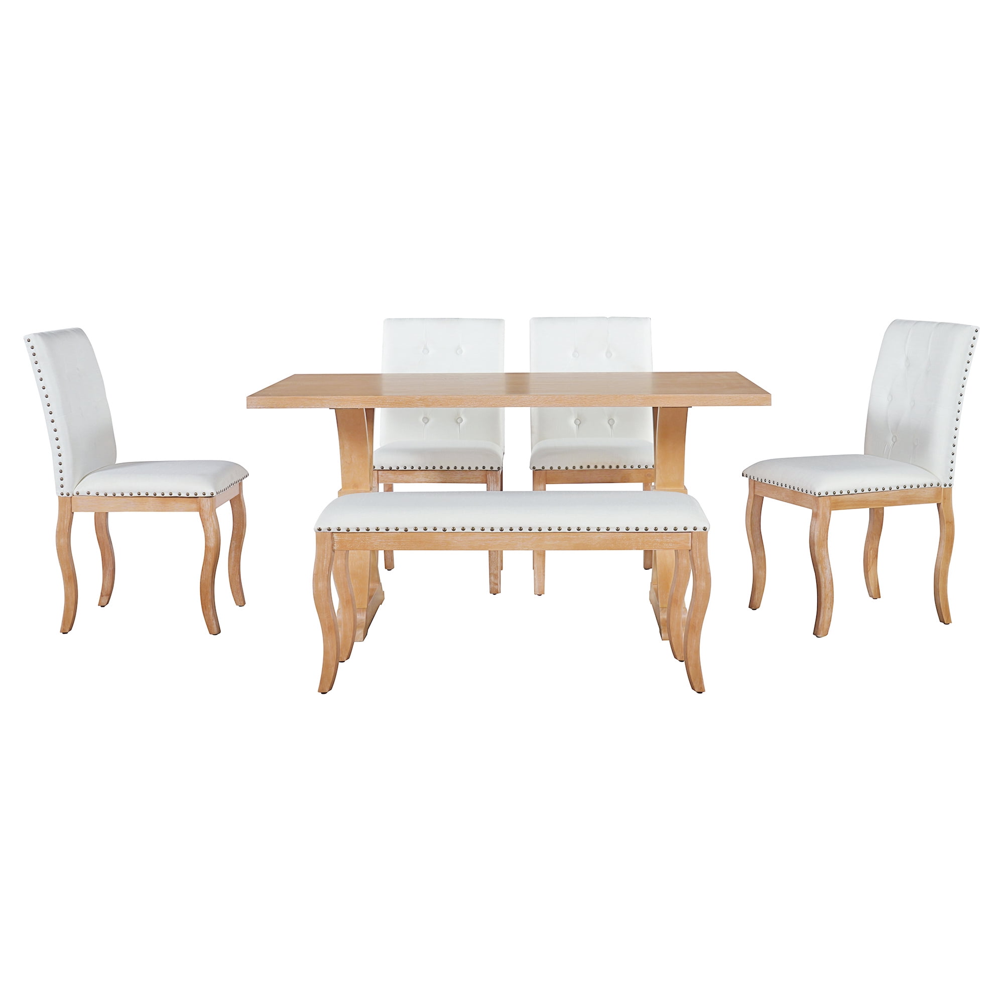 Euroco 6 Pieces Dining Table Set for 6, Solid Wood Kitchen Table Set with 4 Upholstered Chairs and Bench, Rectangular Dining Furniture Set,Natural