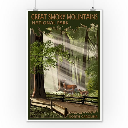 Deer Wall Decor Art - Great Smoky Mountains, North Carolina - Deer and Fawn - Lantern Press Poster (9x12 Art Print, Wall Decor Travel Poster)