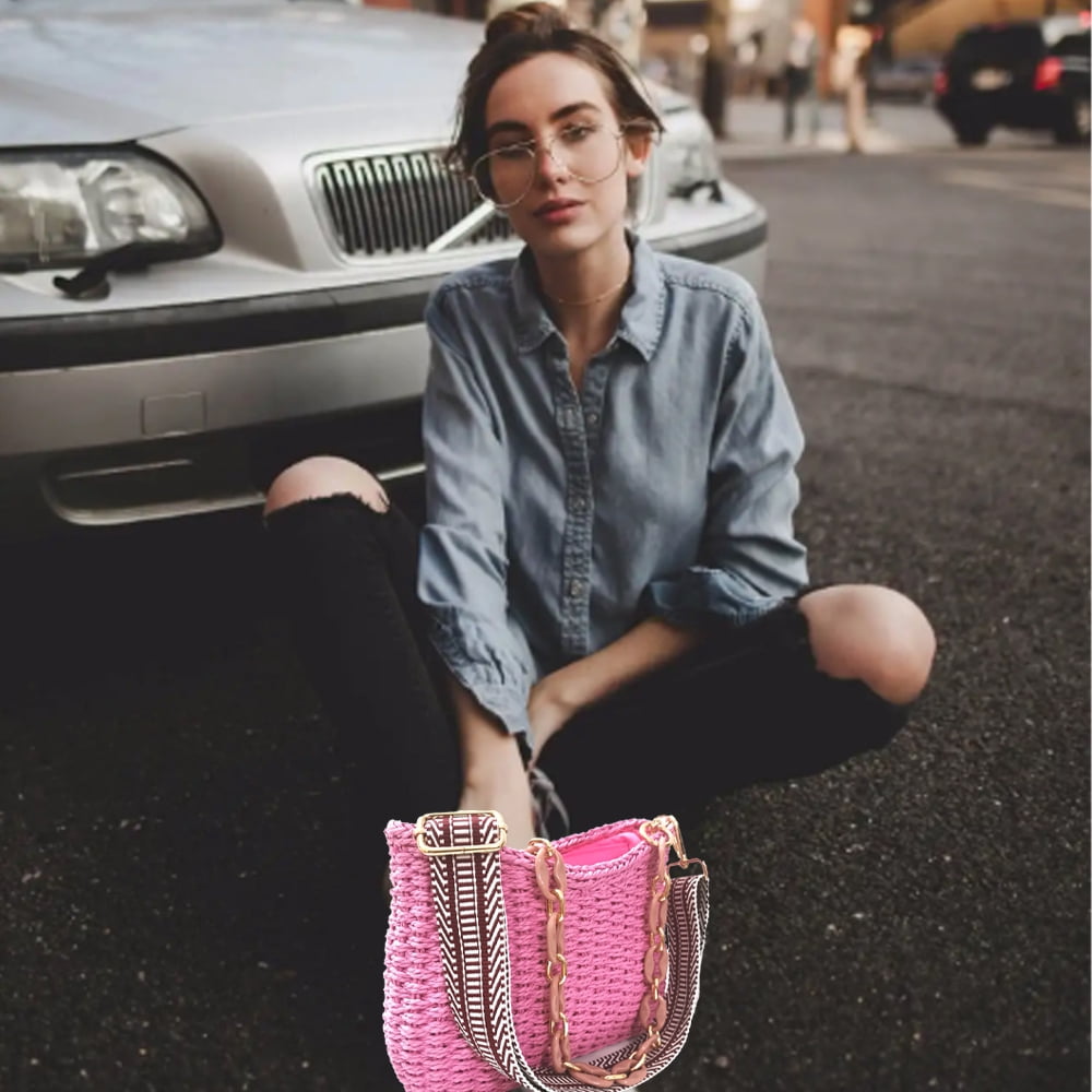 Small Handmade Straw Pocketbook Crossbody Bag for Women, Summer Chic Woven Handbag Shoulder Purse with Chain