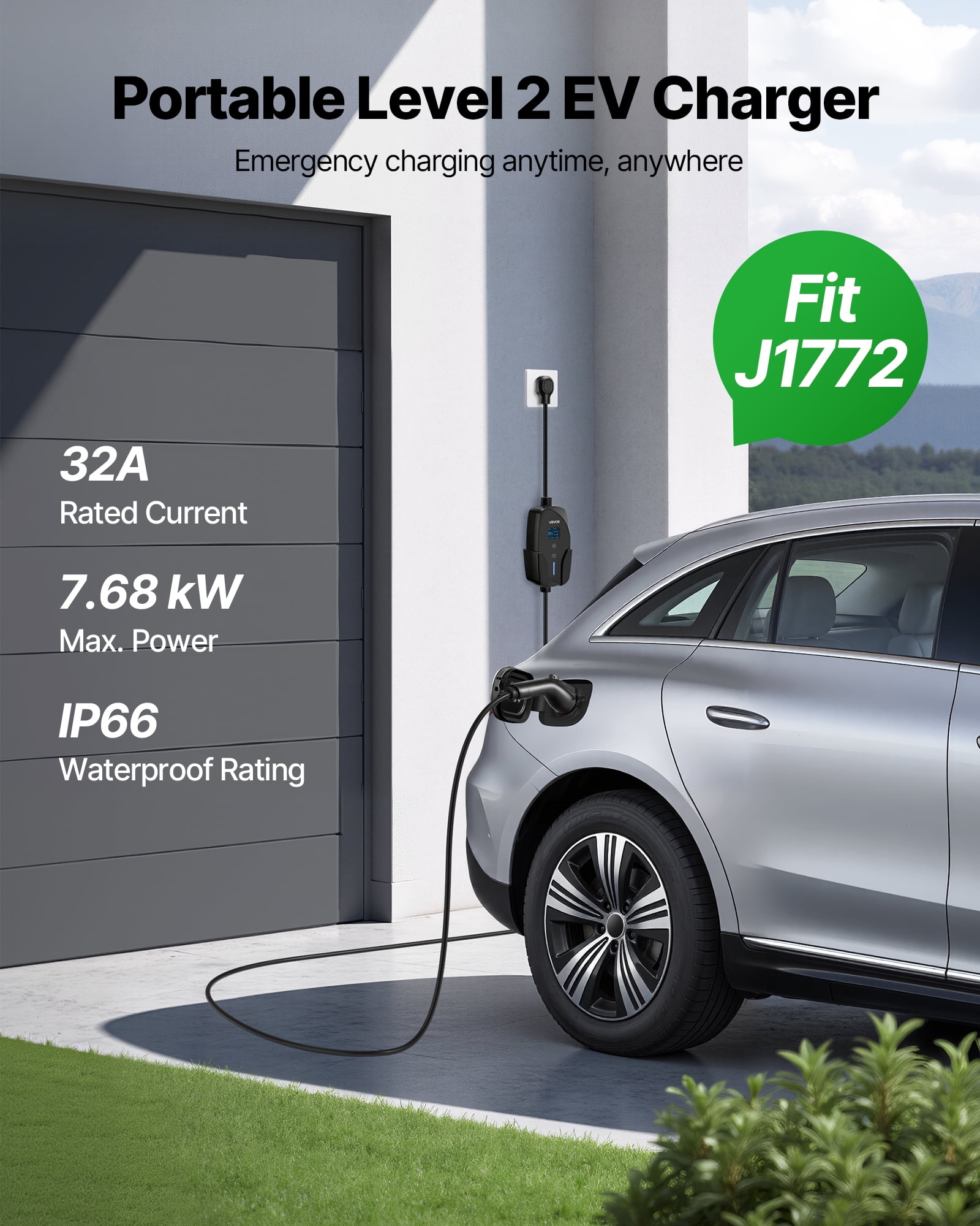 VEVOR Level 2 EV Charger,32 Amp Adjustable Current,240V Electric Vehicle Portable Charger with 25 ft Charging Cable,NEMA 14-50P Plug,LCD Display, Plug-in Home Car Charging Station for SAE J1772 EV