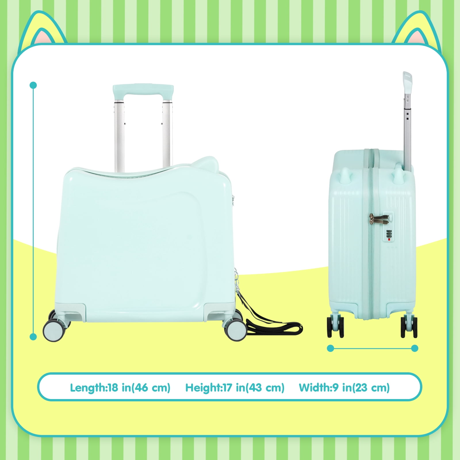 Advwin 20" Ride on Hardshell Suitcase with Spinner Wheels for Kids, Lightweight Trolley Luggage with Carry Strap, Carry on Travel Luggage with Lock, Mint Green