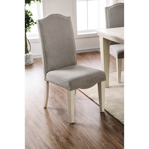 2pc Transitional Dining Side Chairs, Antique White & Gray, Fabric Chair, Camel Back, Fluted Legs, Upholstered Of 2 Frame With Gray Fabric, Upholstery